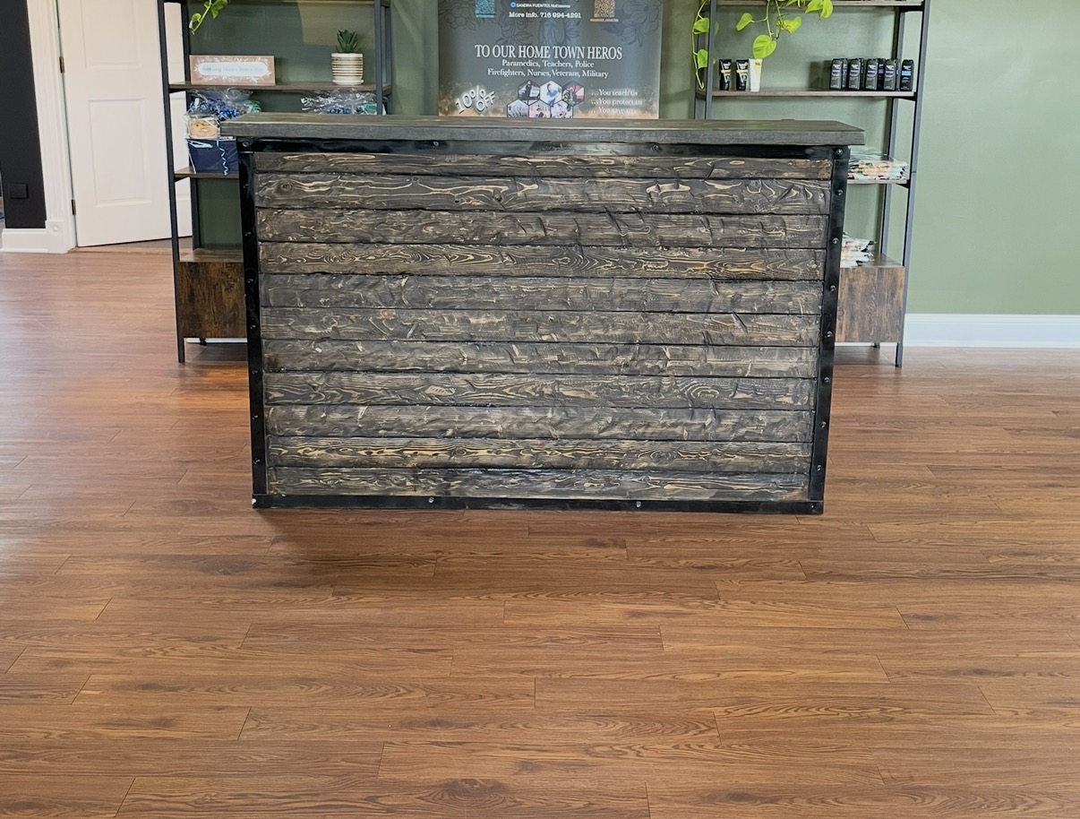 Rustic wood counter with dark framing