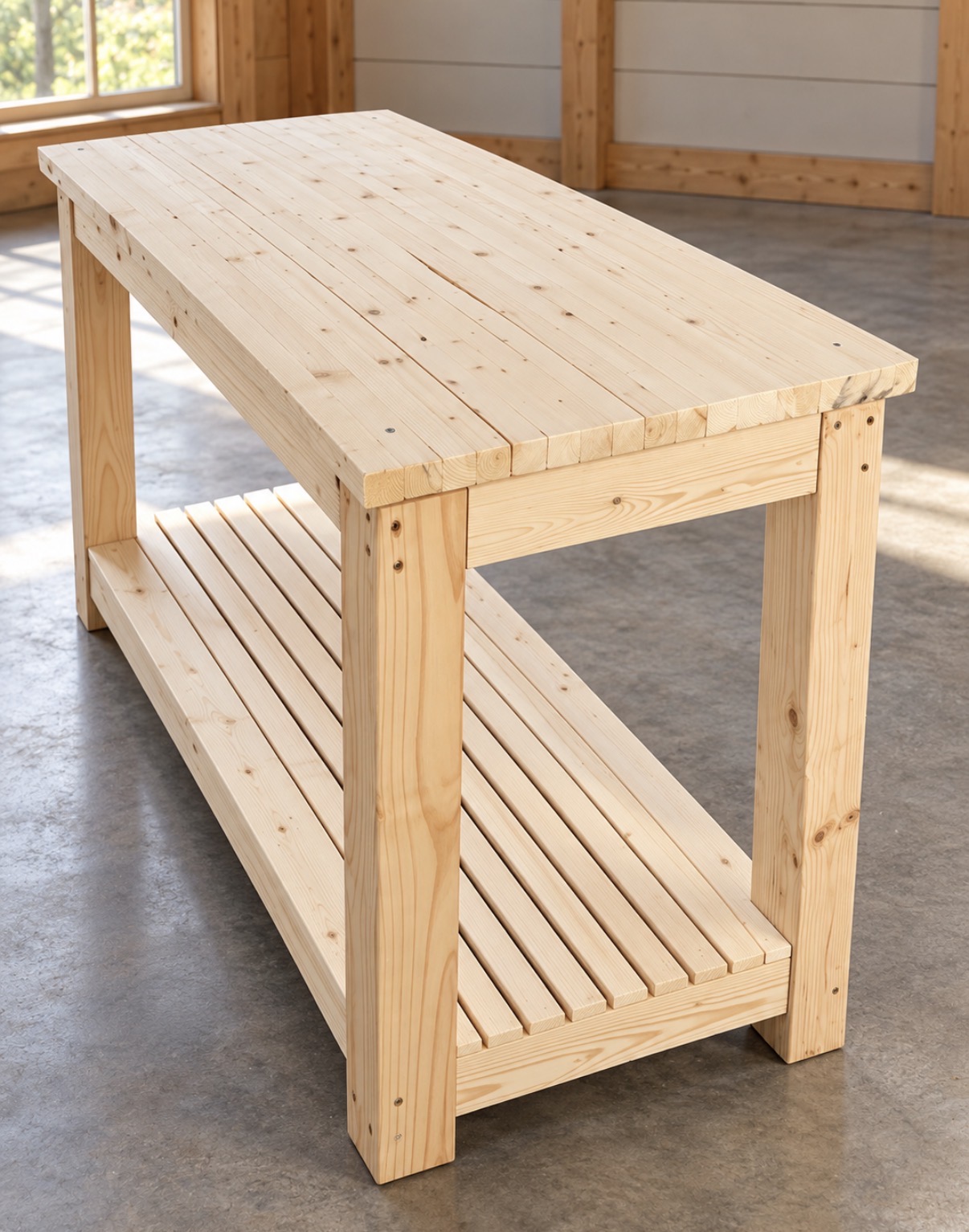 Natural wood table with a lower slatted shelf